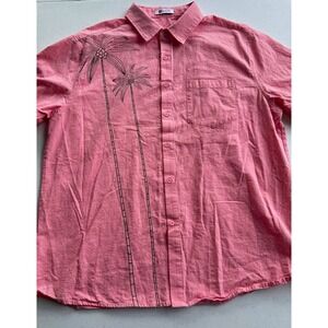 RUNCATI Mens XL Pink Tropical Palm Tree Graphic Cotton Linen Button Up Shirt